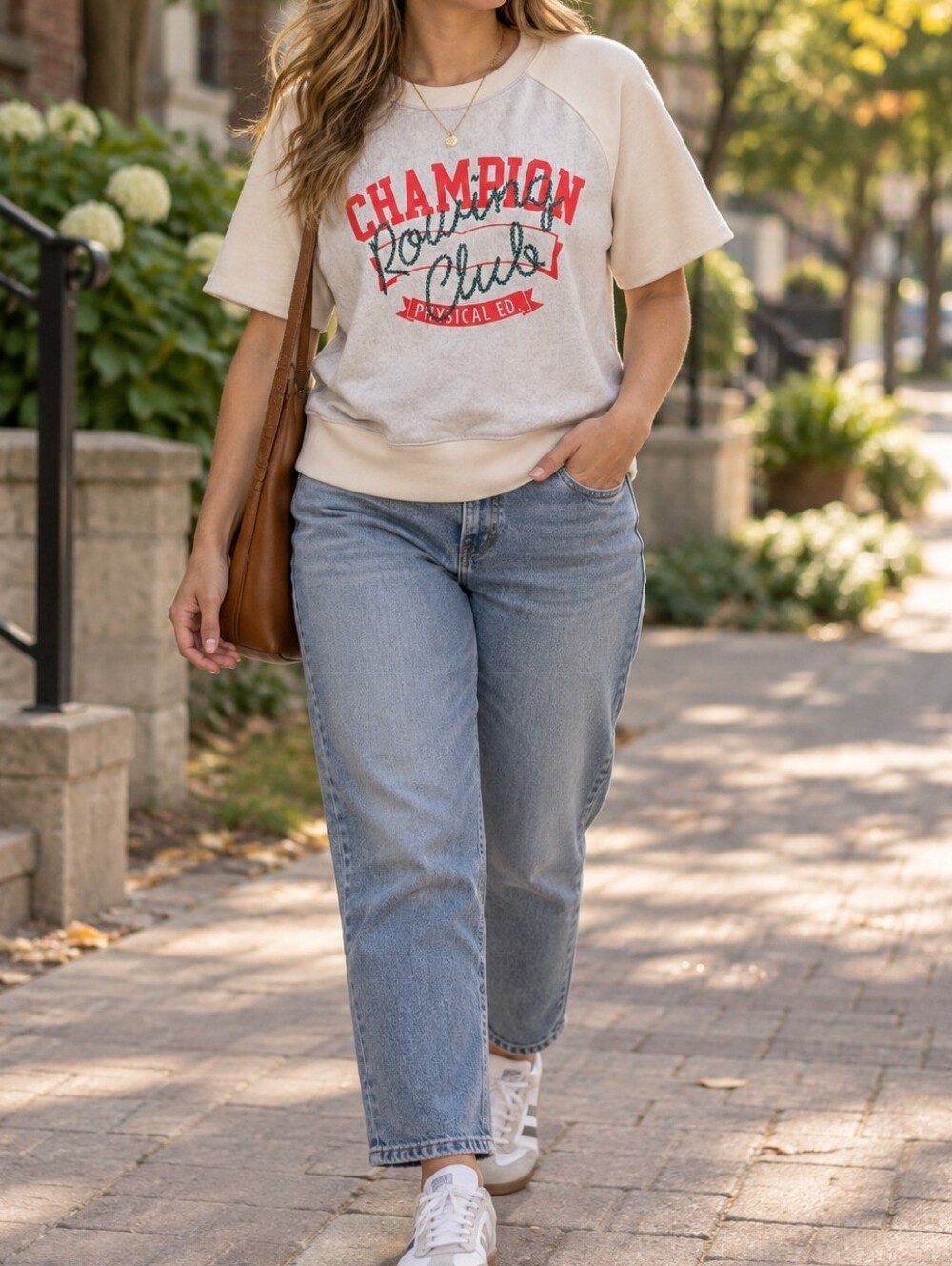 Champion Cotton Blend Short Sleeve Crewneck Graphic Sweatshirt Gray Cream Red